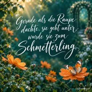 Ein Schmetterling sitzt auf einer orangefarbenen Blume in einem Garten mit Lichtstrahlen, Spruch "Gerade als die Raupe dachte, sie geht unter, wurde sie zum Schmetterling."