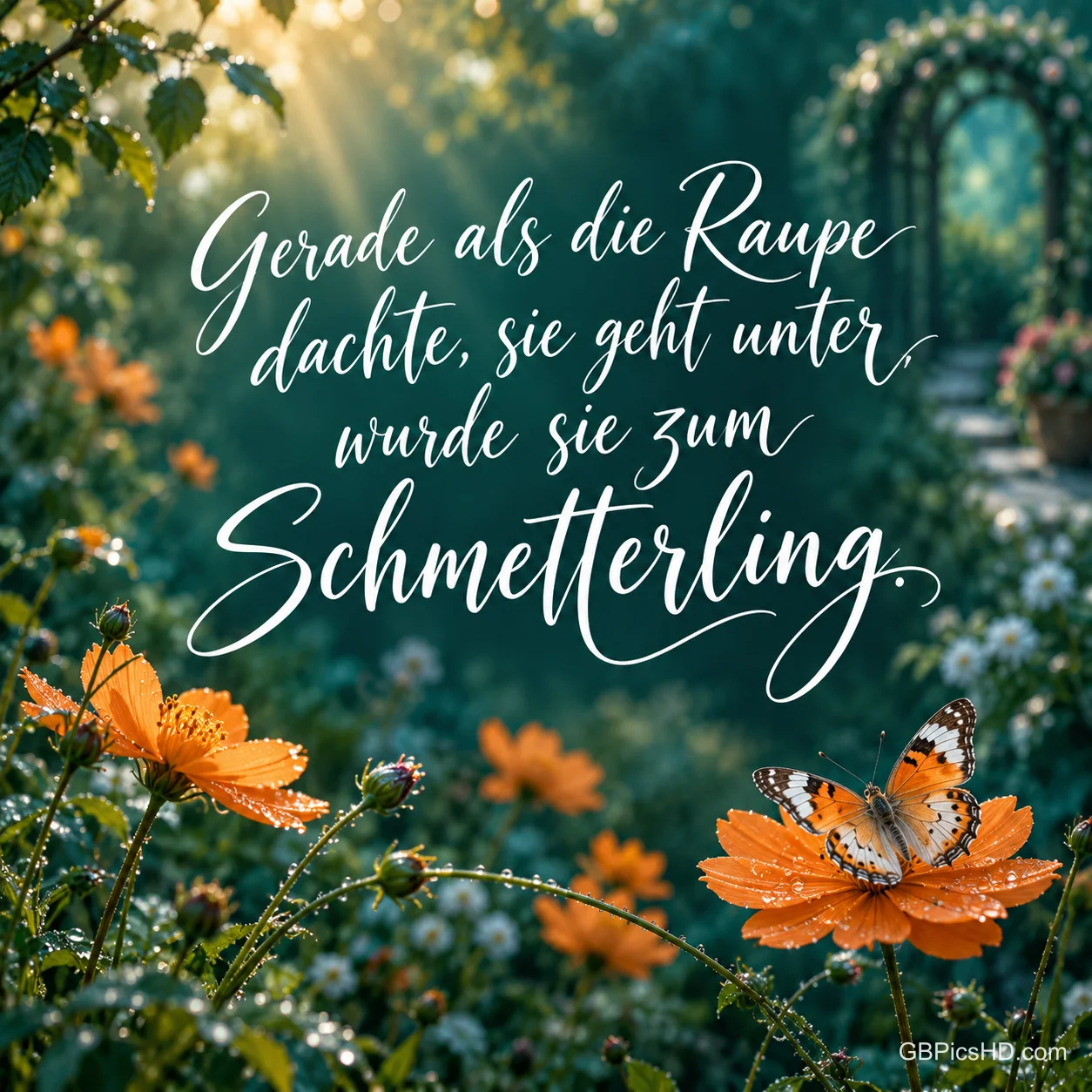 Ein Schmetterling sitzt auf einer orangefarbenen Blume in einem Garten mit Lichtstrahlen, Spruch "Gerade als die Raupe dachte, sie geht unter, wurde sie zum Schmetterling."