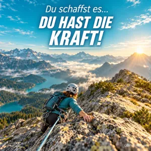 Eine Kletterin mit Helm erklimmt einen Felsgrat über einem Bergpanorama bei Sonnenaufgang, Schrift "Du schaffst es… DU HAST DIE KRAFT!".