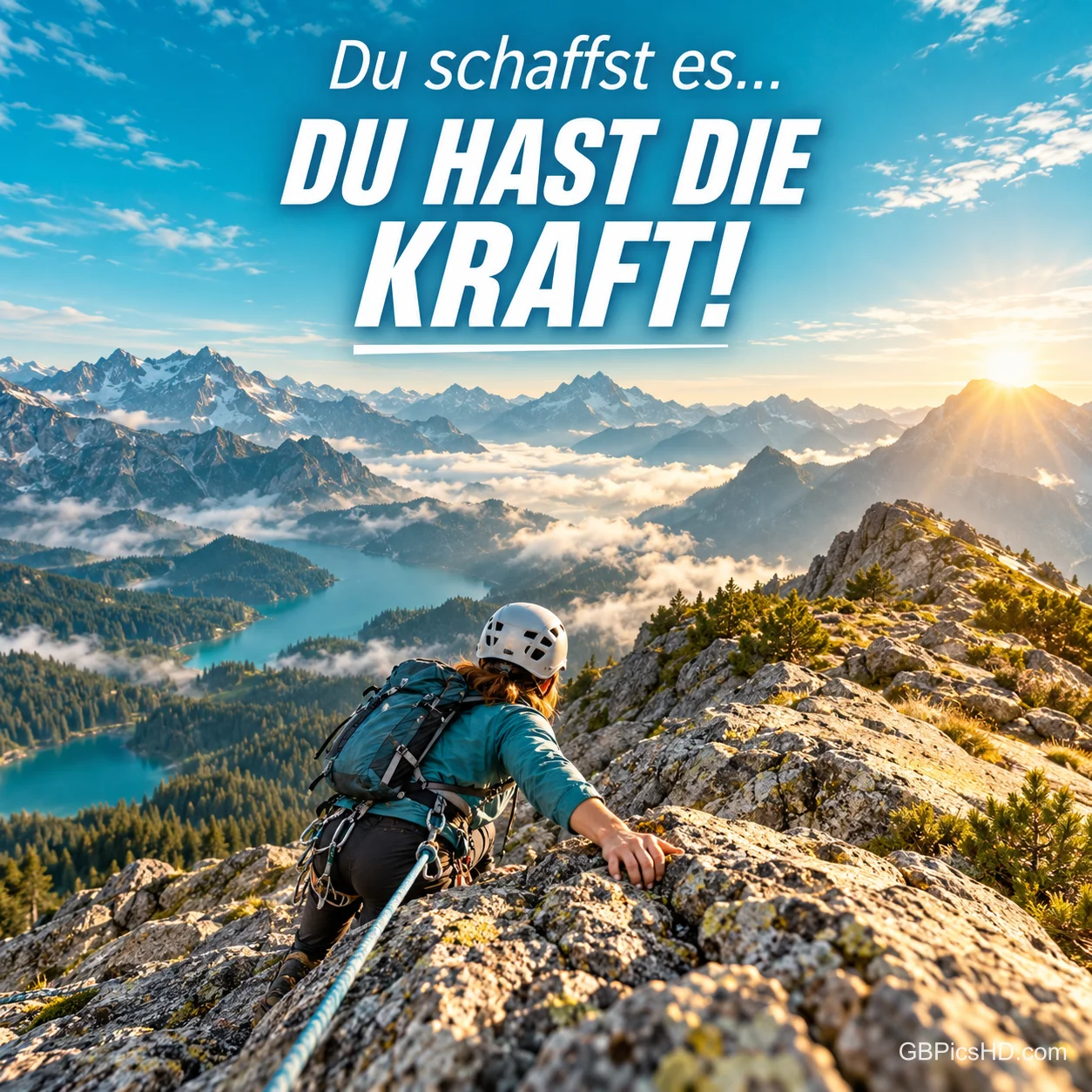 Eine Kletterin mit Helm erklimmt einen Felsgrat über einem Bergpanorama bei Sonnenaufgang, Schrift "Du schaffst es… DU HAST DIE KRAFT!".