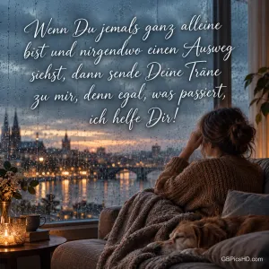 Eine Frau in einer Decke schaut mit ihrem Hund durch ein regennasses Fenster auf eine abendliche Stadt, Spruch "Wenn Du jemals ganz alleine bist … ich helfe Dir!"