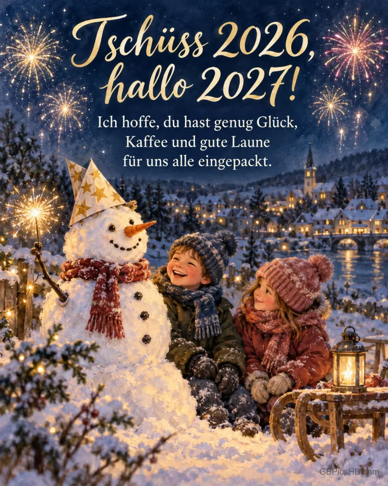 Kinder lachen neben einem Schneemann mit Partyhut und Wunderkerze, am Himmel leuchtet Feuerwerk, dazu "Tschüss 2026, hallo 2027!".