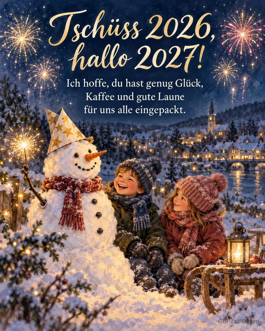 Kinder lachen neben einem Schneemann mit Partyhut und Wunderkerze, am Himmel leuchtet Feuerwerk, dazu "Tschüss 2026, hallo 2027!". Kinder lachen neben einem Schneemann mit Partyhut und Wunderkerze, am Himmel leuchtet Feuerwerk, dazu "Tschüss 2026, hallo 2027!".