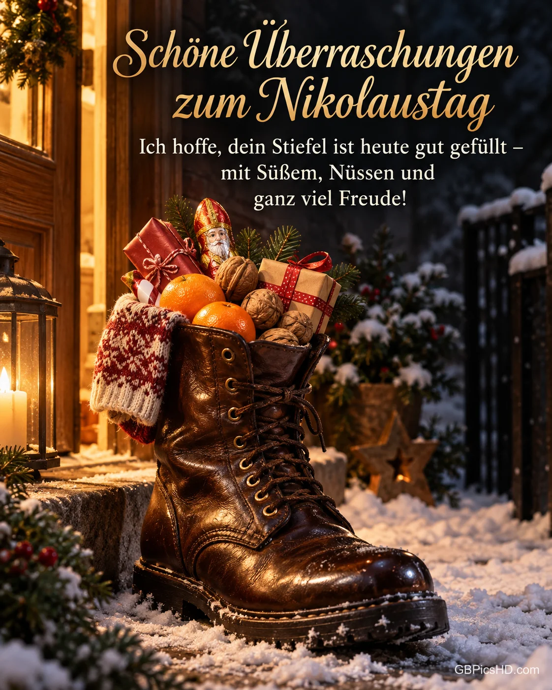 Ein glänzend geputzter Stiefel voller Mandarinen, Walnüsse und kleiner Geschenke steht auf der verschneiten Türschwelle, dazu "Schöne Überraschungen zum Nikolaustag".