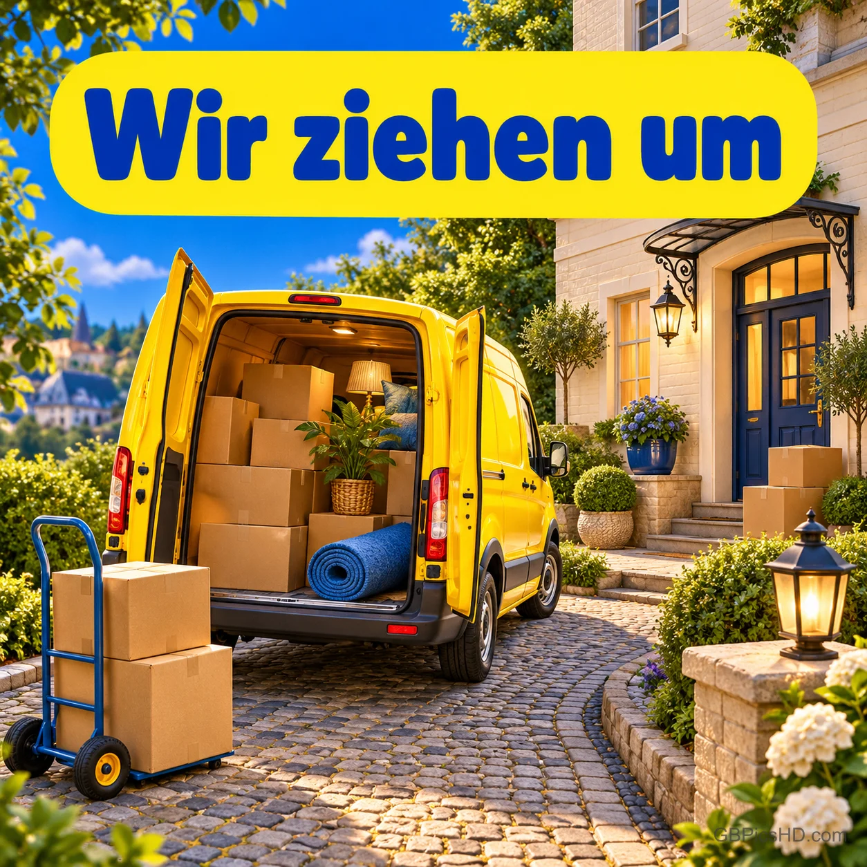 Gelber Transporter mit geöffneten Hecktüren voller Umzugskartons und Pflanzen vor einem Haus mit Laterne, daneben eine Sackkarre, darüber "Wir ziehen um" Gelber Transporter mit geöffneten Hecktüren voller Umzugskartons und Pflanzen vor einem Haus mit Laterne, daneben eine Sackkarre, darüber "Wir ziehen um"