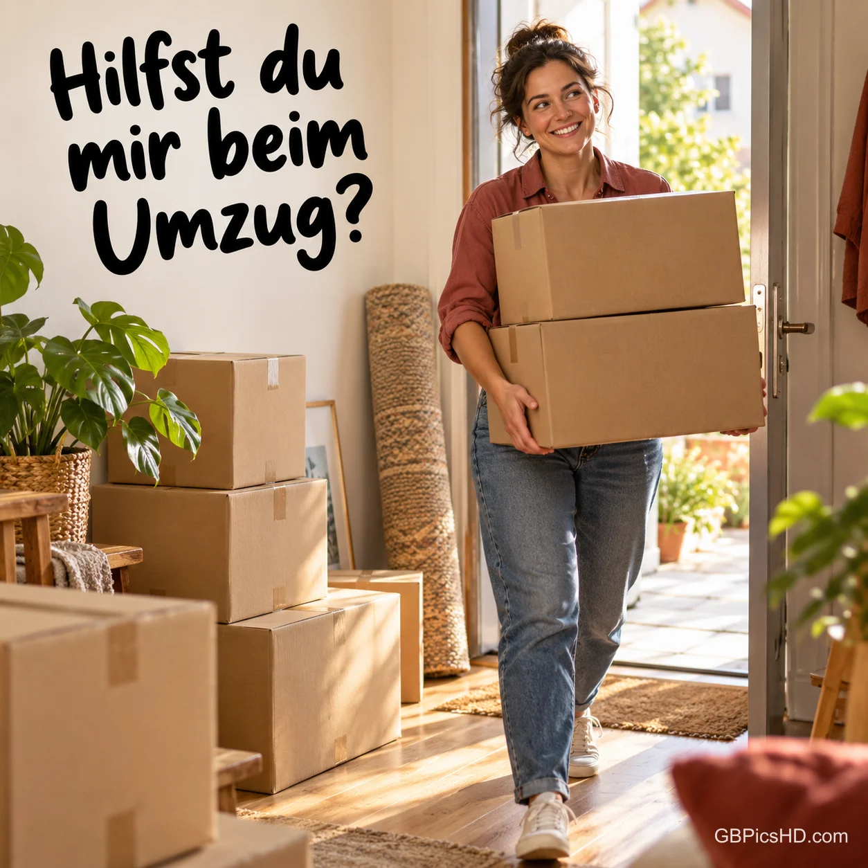 Lächelnde Frau trägt zwei Umzugskartons durch eine helle Wohnungstür, daneben gestapelte Kisten, Teppichrolle und Pflanzen, dazu "Hilfst du mir beim Umzug?" Lächelnde Frau trägt zwei Umzugskartons durch eine helle Wohnungstür, daneben gestapelte Kisten, Teppichrolle und Pflanzen, dazu "Hilfst du mir beim Umzug?"