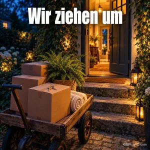 Umzugskartons, Schlüssel und eine Pflanze liegen auf einem Handwagen vor einer offenen Haustür unter "Wir ziehen um".