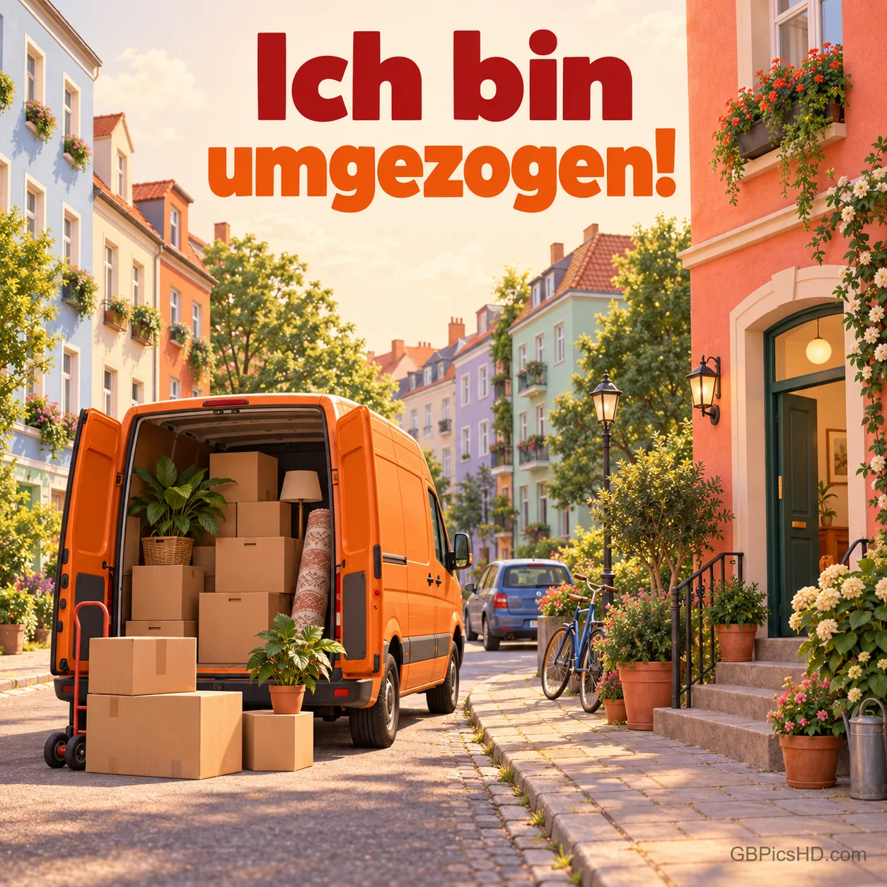 Orangefarbener Transporter mit Kartons und Pflanzen vor bunten Altbauhäusern in einer sonnigen Straße mit Blumen und Fahrrad, darüber "Ich bin umgezogen!" Orangefarbener Transporter mit Kartons und Pflanzen vor bunten Altbauhäusern in einer sonnigen Straße mit Blumen und Fahrrad, darüber "Ich bin umgezogen!"
