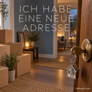 Schlüssel mit Haus-Anhänger steckt im Schloss einer geöffneten Holztür, dahinter ein gemütlich beleuchteter Flur mit Umzugskartons, dazu "Ich habe eine neue Adresse"