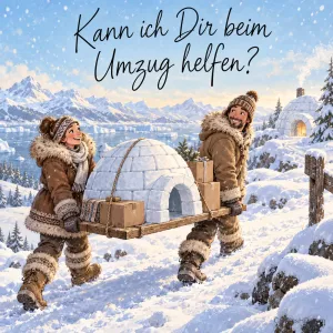 Zwei fröhliche Menschen in Pelzkleidung tragen ein Iglu auf einer Holztrage durch eine verschneite Berglandschaft, darüber "Kann ich Dir beim Umzug helfen?"