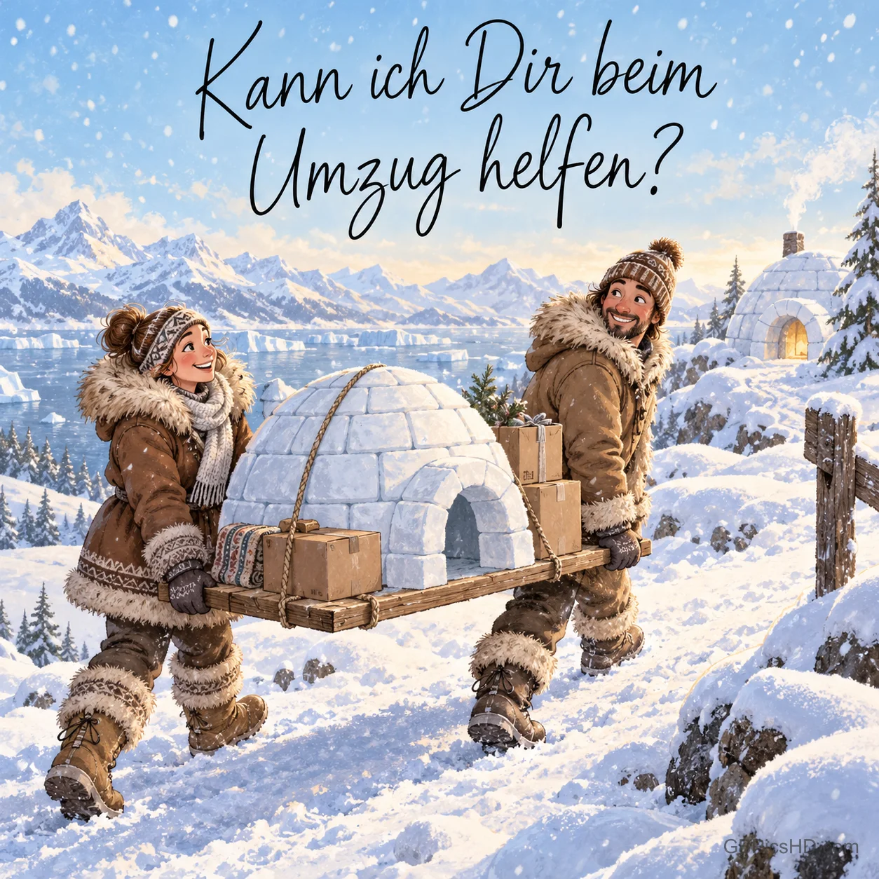 Zwei fröhliche Menschen in Pelzkleidung tragen ein Iglu auf einer Holztrage durch eine verschneite Berglandschaft, darüber "Kann ich Dir beim Umzug helfen?" Zwei fröhliche Menschen in Pelzkleidung tragen ein Iglu auf einer Holztrage durch eine verschneite Berglandschaft, darüber "Kann ich Dir beim Umzug helfen?"