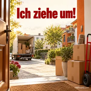 Blick durch eine offene Haustür auf einen beladenen Umzugslaster in der Einfahrt, davor Kartons, Pflanzen und eine Sackkarre, darüber "Ich ziehe um!"