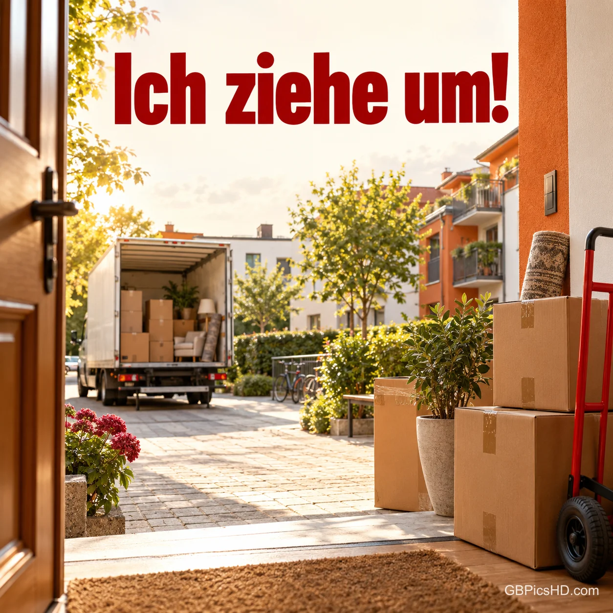 Blick durch eine offene Haustür auf einen beladenen Umzugslaster in der Einfahrt, davor Kartons, Pflanzen und eine Sackkarre, darüber "Ich ziehe um!" Blick durch eine offene Haustür auf einen beladenen Umzugslaster in der Einfahrt, davor Kartons, Pflanzen und eine Sackkarre, darüber "Ich ziehe um!"