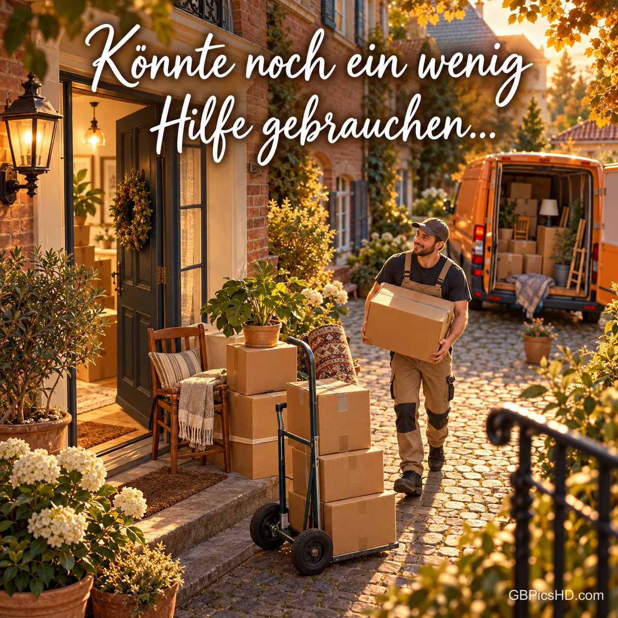 Möbelpacker trägt einen Karton zu einem Haus mit gestapelten Kisten, Sackkarre und Blumen, im Hintergrund ein Transporter, dazu "Könnte noch ein wenig Hilfe gebrauchen..." Möbelpacker trägt einen Karton zu einem Haus mit gestapelten Kisten, Sackkarre und Blumen, im Hintergrund ein Transporter, dazu "Könnte noch ein wenig Hilfe gebrauchen..."