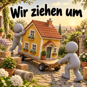Zwei weiße Männchen schieben ein kleines gelbes Haus auf einem Holzwagen über einen Gartenweg mit Kartons und Blumen, darüber "Wir ziehen um"
