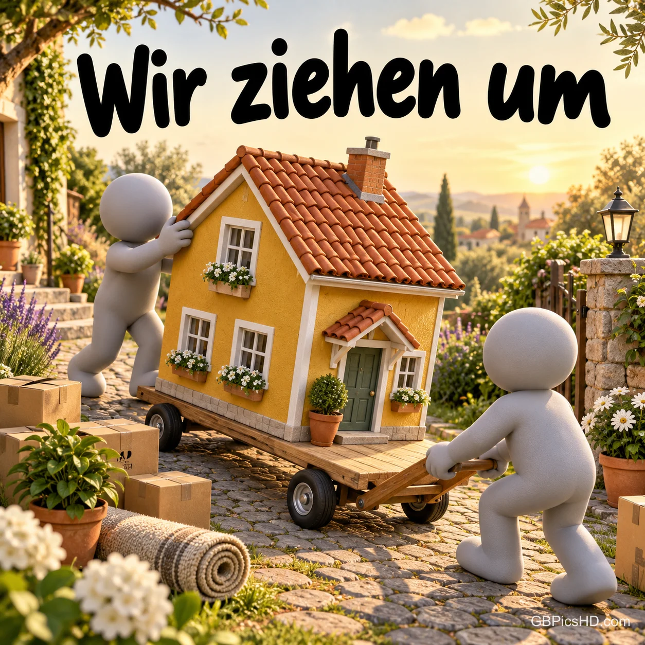 Zwei weiße Männchen schieben ein kleines gelbes Haus auf einem Holzwagen über einen Gartenweg mit Kartons und Blumen, darüber "Wir ziehen um" Zwei weiße Männchen schieben ein kleines gelbes Haus auf einem Holzwagen über einen Gartenweg mit Kartons und Blumen, darüber "Wir ziehen um"