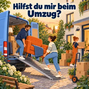 Mann und Frau tragen einen orangefarbenen Sessel über eine Rampe aus einem Transporter, daneben Kartons und eine Helferin, darüber "Hilfst du mir beim Umzug?"