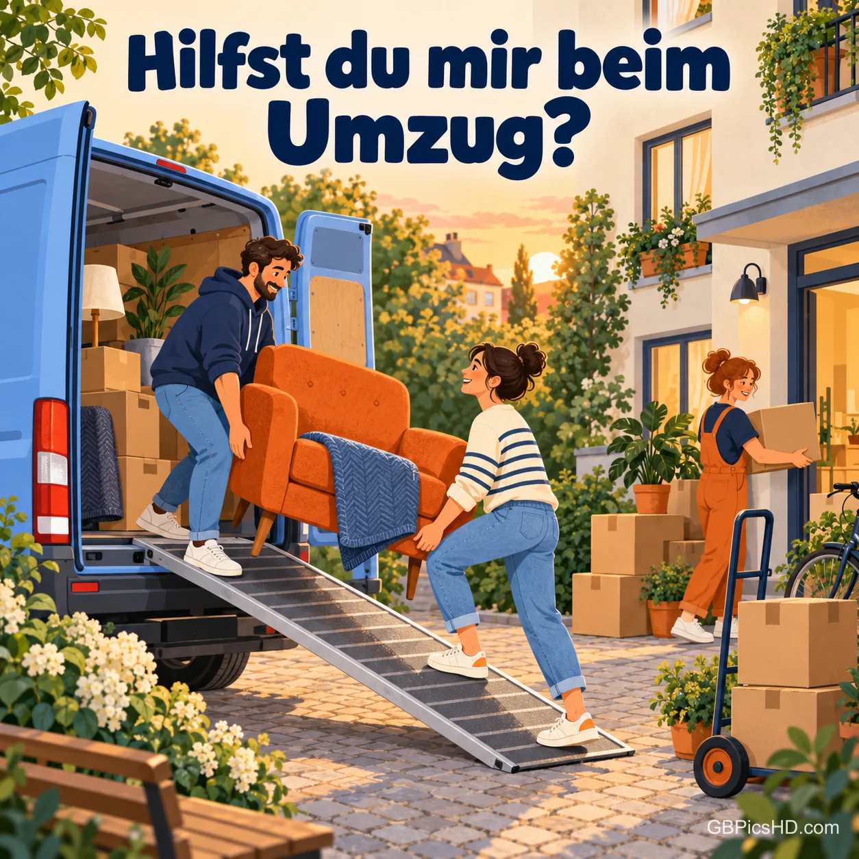 Mann und Frau tragen einen orangefarbenen Sessel über eine Rampe aus einem Transporter, daneben Kartons und eine Helferin, darüber "Hilfst du mir beim Umzug?" Mann und Frau tragen einen orangefarbenen Sessel über eine Rampe aus einem Transporter, daneben Kartons und eine Helferin, darüber "Hilfst du mir beim Umzug?"