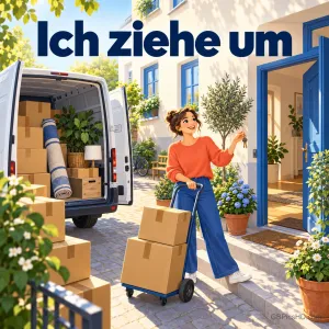 Junge Frau mit Sackkarre und Umzugskartons vor einem Transporter und einer offenen blauen Haustür, dazu der Schriftzug "Ich ziehe um"