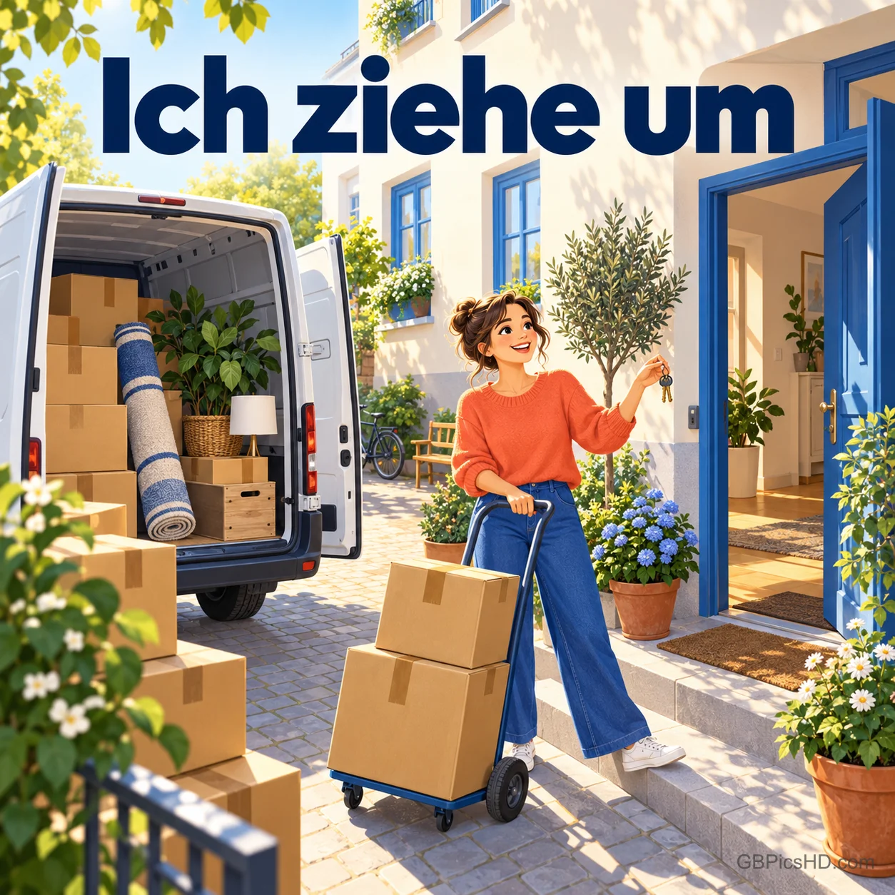 Junge Frau mit Sackkarre und Umzugskartons vor einem Transporter und einer offenen blauen Haustür, dazu der Schriftzug "Ich ziehe um" Junge Frau mit Sackkarre und Umzugskartons vor einem Transporter und einer offenen blauen Haustür, dazu der Schriftzug "Ich ziehe um"