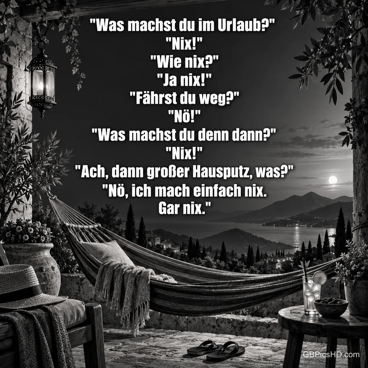Schwarzweiße Terrasse mit Hängematte und Seeblick samt Urlaubsdialog: "Nö, ich mach einfach nix. Gar nix."