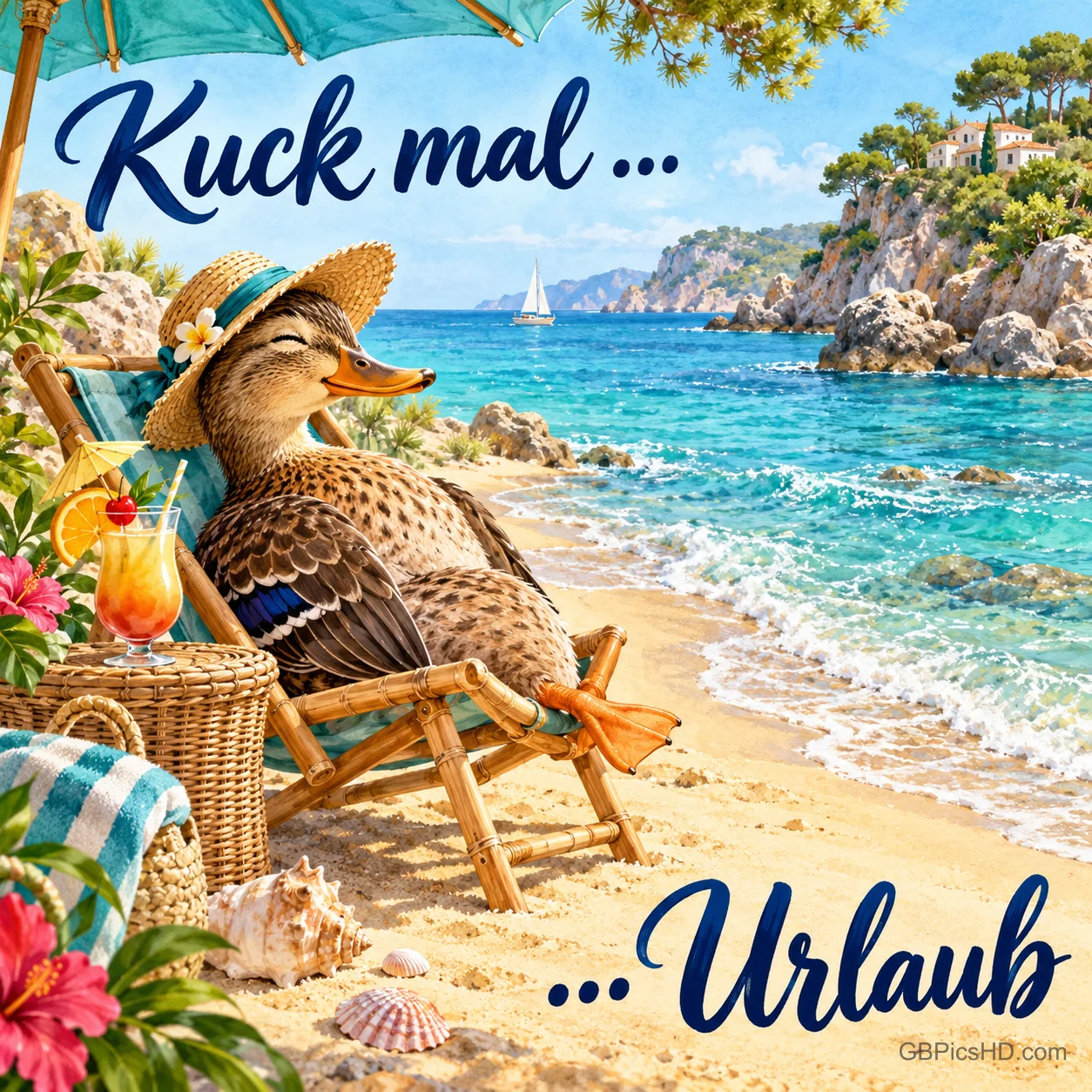 Eine Ente mit Strohhut entspannt im Liegestuhl am Meer neben einem Cocktail; dazu steht "Kuck mal ... ... Urlaub".