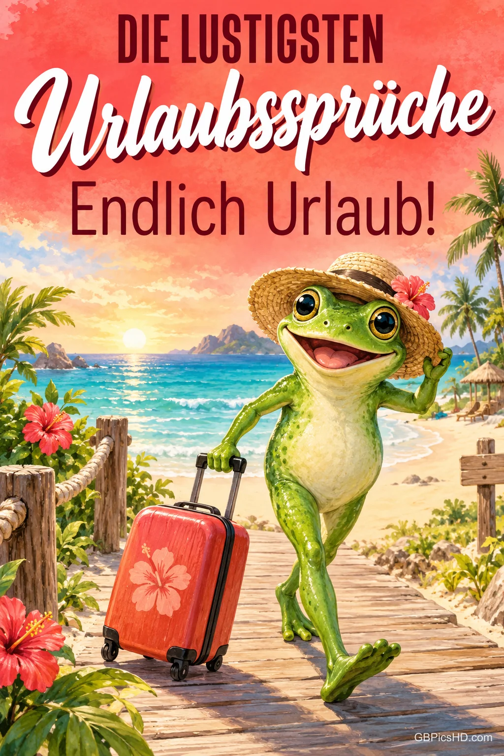 Ein fröhlicher Frosch mit Strohhut zieht einen roten Koffer zum Strand unter "DIE LUSTIGSTEN Urlaubssprüche Endlich Urlaub!".