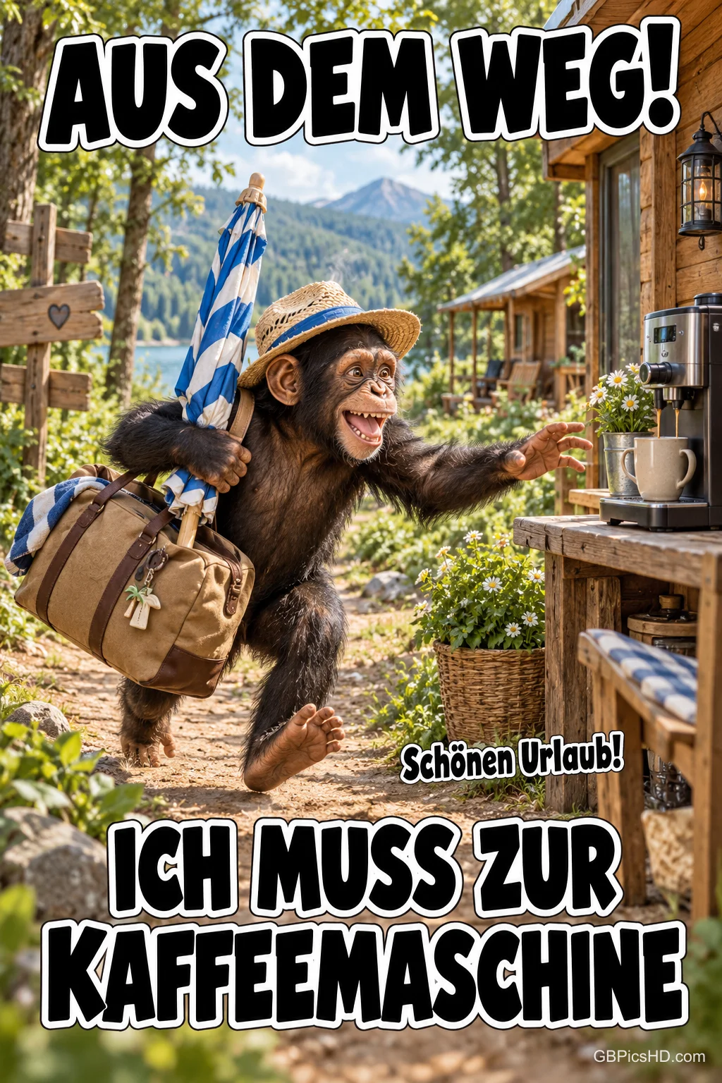 Ein Schimpanse mit Hut, Tasche und Schirm eilt zur Kaffeemaschine; dazu steht "AUS DEM WEG!" und "Schönen Urlaub!".