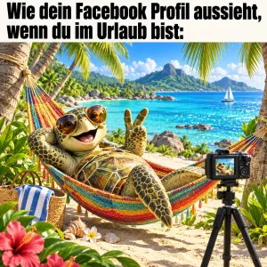Eine Schildkröte posiert in einer Hängematte vor einer Kamera unter "Wie dein Facebook Profil aussieht, wenn du im Urlaub bist:".