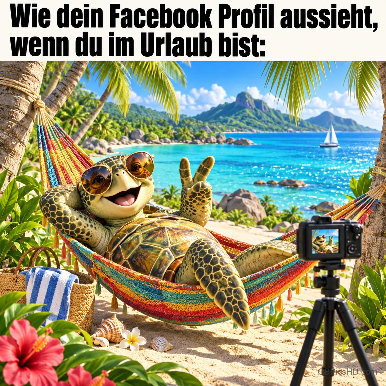 Eine Schildkröte posiert in einer Hängematte vor einer Kamera unter "Wie dein Facebook Profil aussieht, wenn du im Urlaub bist:".