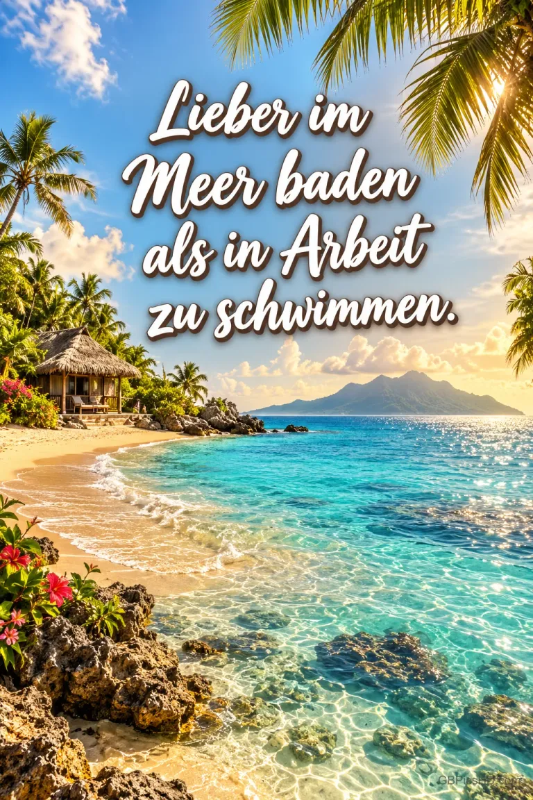 Ein tropischer Strand mit Palmen, Hütte und türkisblauem Meer trägt den Spruch "Lieber im Meer baden als in Arbeit zu schwimmen.".