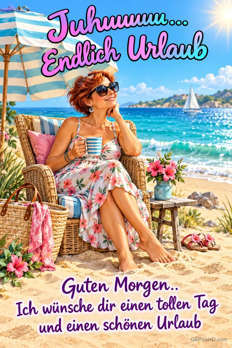 Eine Frau mit Sonnenbrille und Tasse sitzt am Strand im Korbsessel unter "Juhuuuuu... Endlich Urlaub".