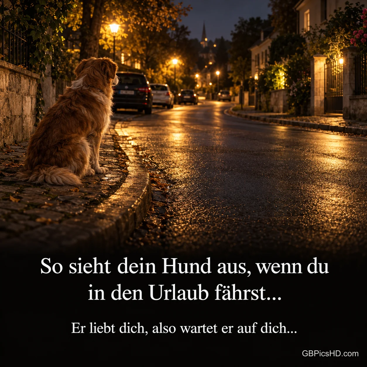 Hund an nasser Straße mit "So sieht dein Hund aus, wenn du in den Urlaub fährst... Er liebt dich, also wartet er auf dich...".