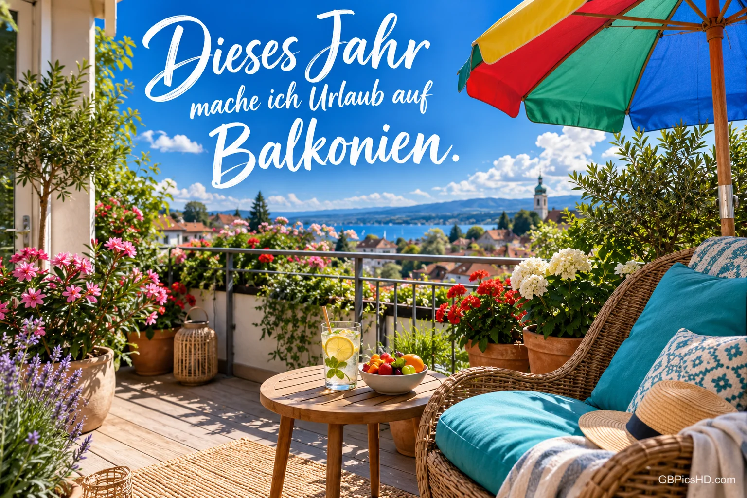 Sonniger Balkon mit Blumen, Korbsessel und Sonnenschirm sowie "Dieses Jahr mache ich Urlaub auf Balkonien.".