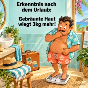 Ein Mann steht im Bad auf einer Waage, darüber "Erkenntnis nach dem Urlaub: Gebräunte Haut wiegt 3 kg mehr!".