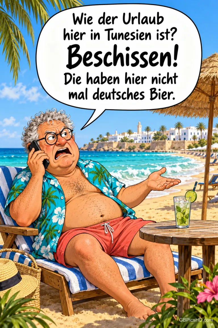 Mann telefoniert am Strand: "Wie der Urlaub hier in Tunesien ist? Beschissen! Die haben hier nicht mal deutsches Bier.".