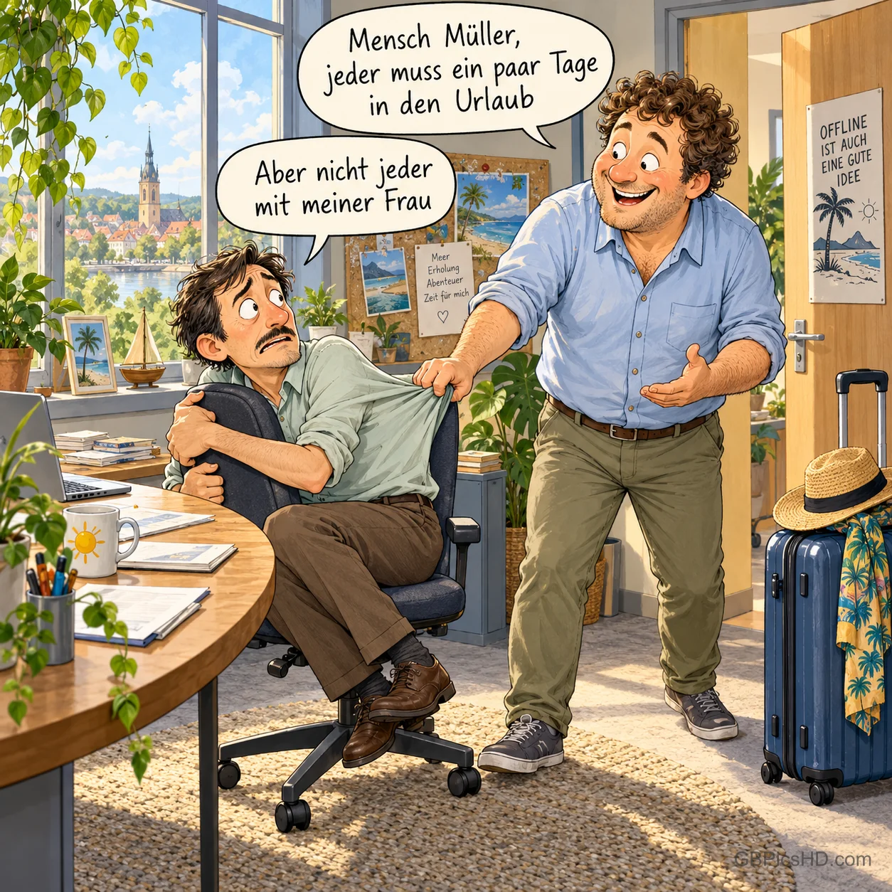 Zwei Männer im Büro mit "Mensch Müller, jeder muss ein paar Tage in den Urlaub" und "Aber nicht jeder mit meiner Frau".