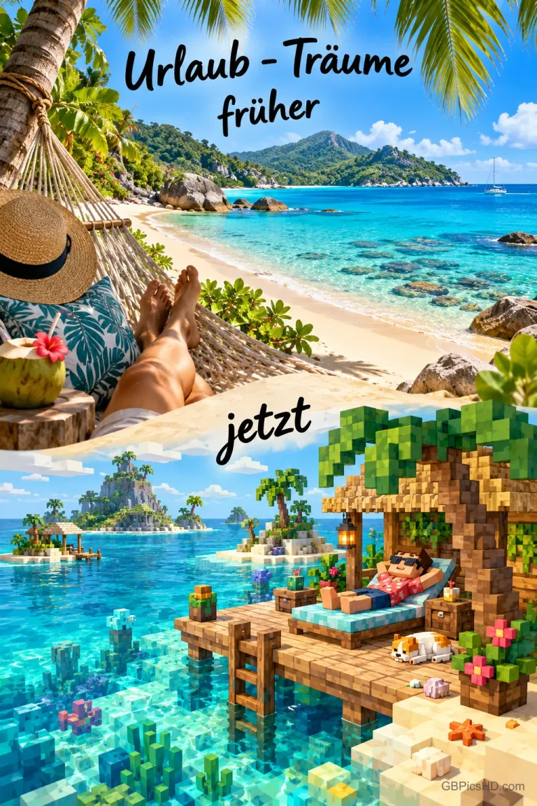 Hängematte am Tropenstrand über einer würfelförmigen Spielwelt mit "Urlaub - Träume früher jetzt".