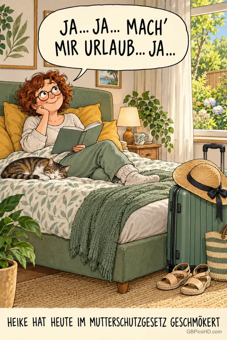Frau mit Buch, Katze und Koffer: "Ja... Ja... Mach' mir Urlaub... Ja... Heike hat heute im Mutterschutzgesetz geschmökert".