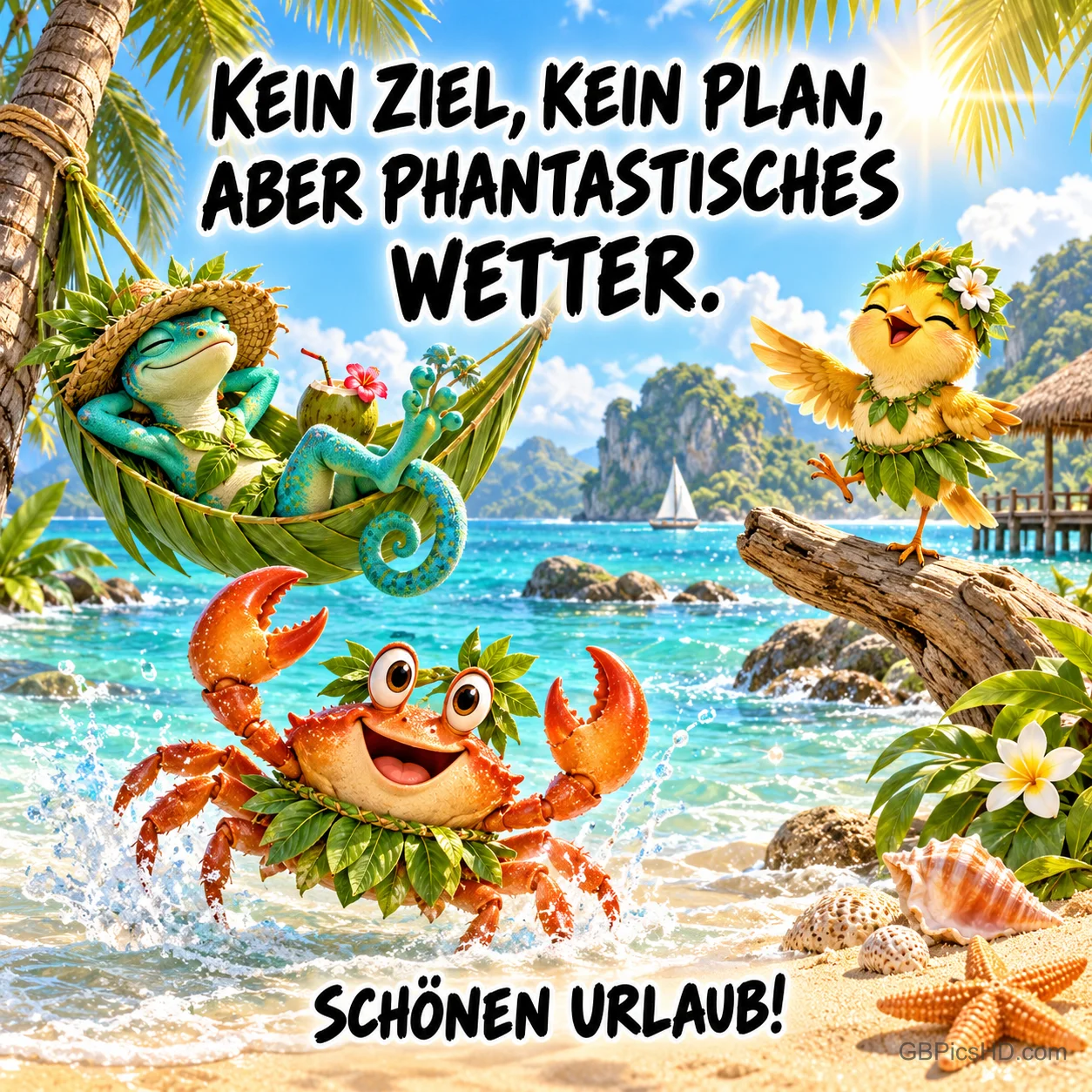Chamäleon in einer Hängematte, gelber Vogel und fröhliche Krabbe am tropischen Strand mit "Schönen Urlaub!". Chamäleon in einer Hängematte, gelber Vogel und fröhliche Krabbe am tropischen Strand mit "Schönen Urlaub!".