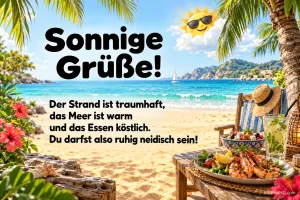 Strand mit Liegestuhl, Strohhut, Garnelenteller und Getränk sowie einer Sonne mit Sonnenbrille und "Sonnige Grüße!".