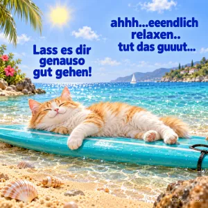 Eine rot-weiße Katze liegt mit geschlossenen Augen auf einem türkisfarbenen Brett im Meer; darüber "Lass es dir genauso gut gehen!".