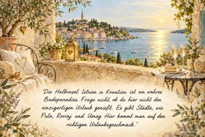 Steinterrasse mit Laterne, Blumen und zwei Sektgläsern vor einer Küstenstadt; dazu "Hier kommt man auf den richtigen Urlaubsgeschmack.".