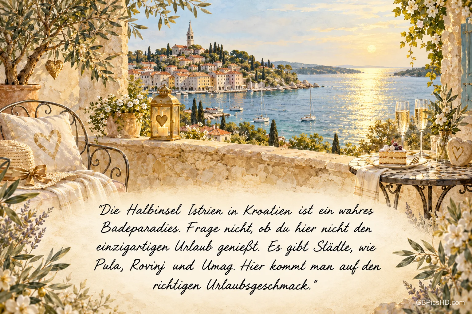 Steinterrasse mit Laterne, Blumen und zwei Sektgläsern vor einer Küstenstadt; dazu "Hier kommt man auf den richtigen Urlaubsgeschmack.".