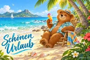 Ein Bär mit Strohhut und Blumenhemd sitzt mit einem Getränk im Strandstuhl neben dem Gruß "Schönen Urlaub".