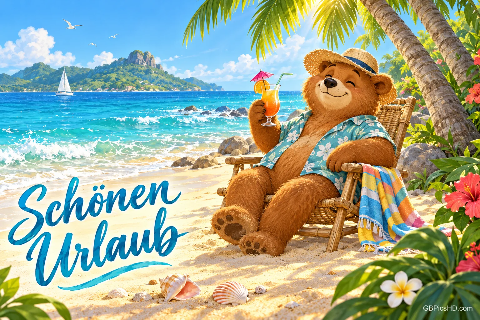 Ein Bär mit Strohhut und Blumenhemd sitzt mit einem Getränk im Strandstuhl neben dem Gruß "Schönen Urlaub".
