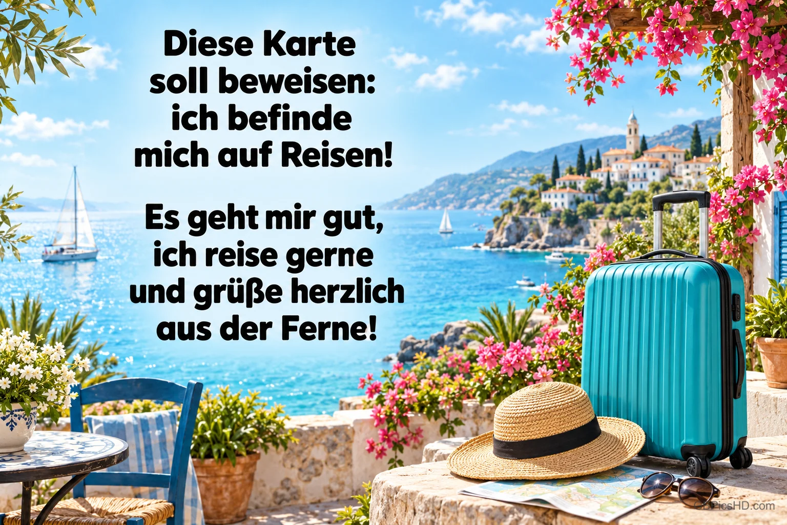 Türkisfarbener Koffer, Strohhut, Karte und Sonnenbrille auf einer blühenden Meeresterrasse mit "Diese Karte soll beweisen:".