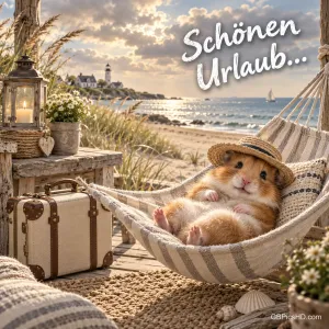 Ein Hamster mit Strohhut ruht in einer Hängematte am Strand, neben Koffer und Laterne; darüber "Schönen Urlaub...".