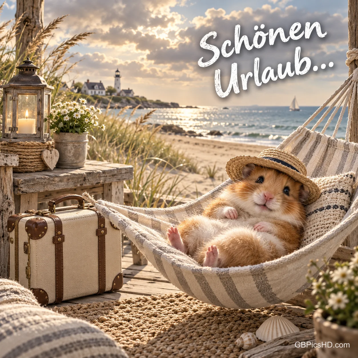 Ein Hamster mit Strohhut ruht in einer Hängematte am Strand, neben Koffer und Laterne; darüber "Schönen Urlaub...".