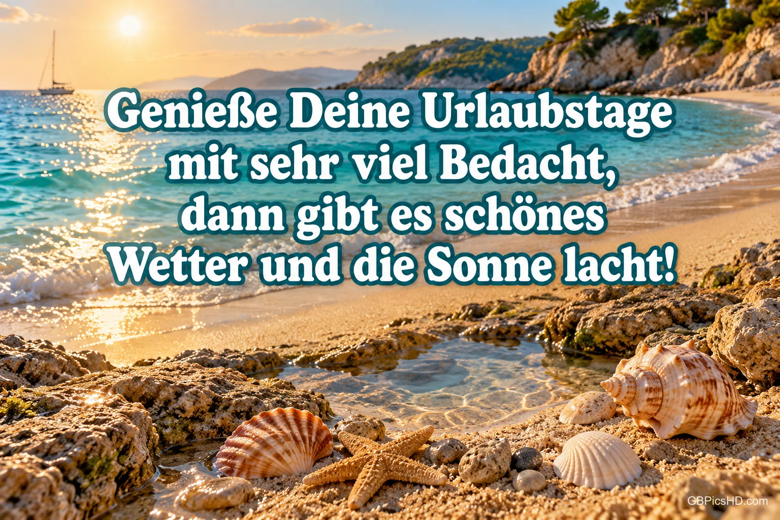 Muscheln und ein Seestern liegen am felsigen Strand einer sonnigen Bucht mit dem Spruch "Genieße deine Urlaubstage".